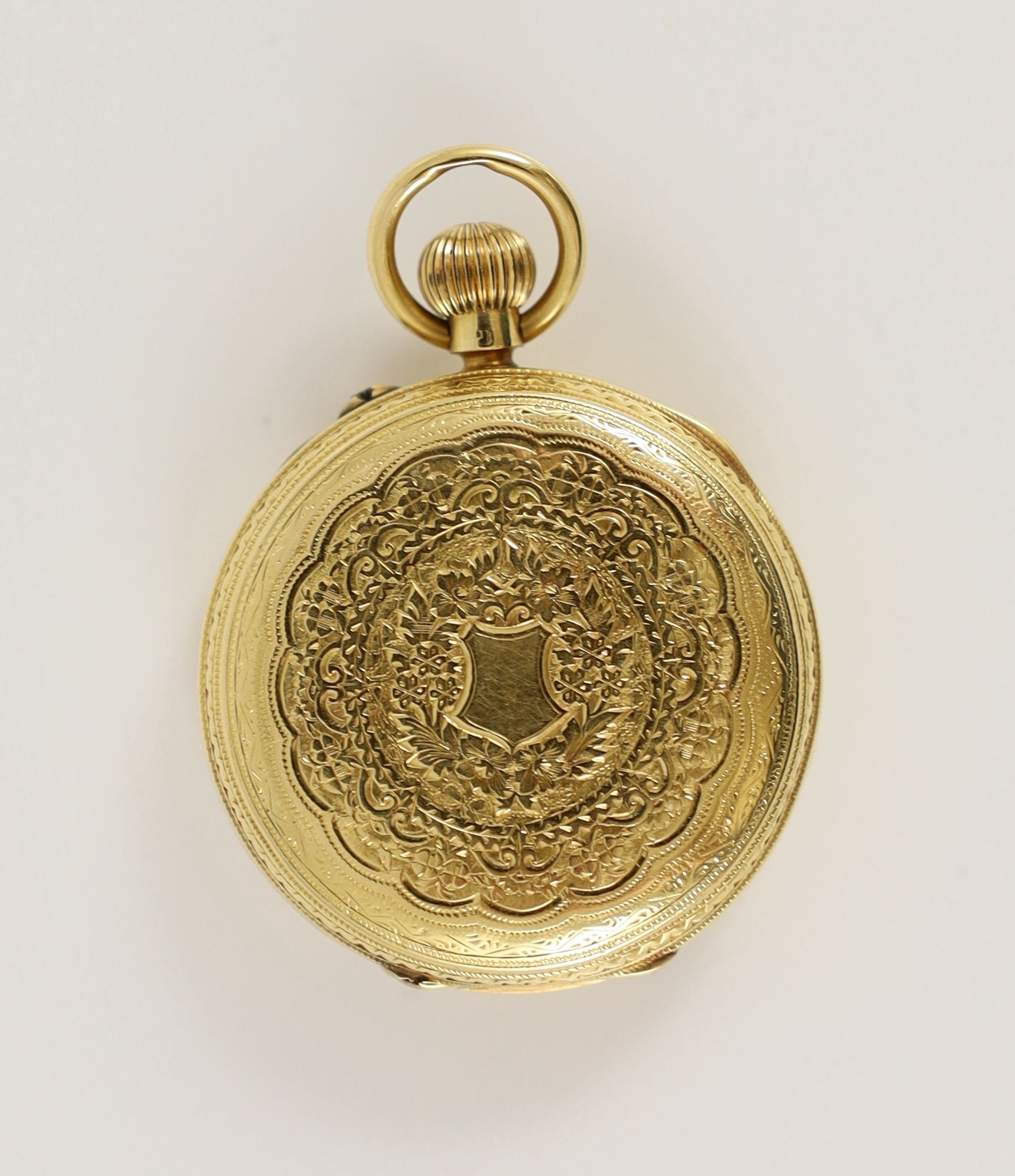 A late Victorian engraved 18ct gold keyless pocket watch